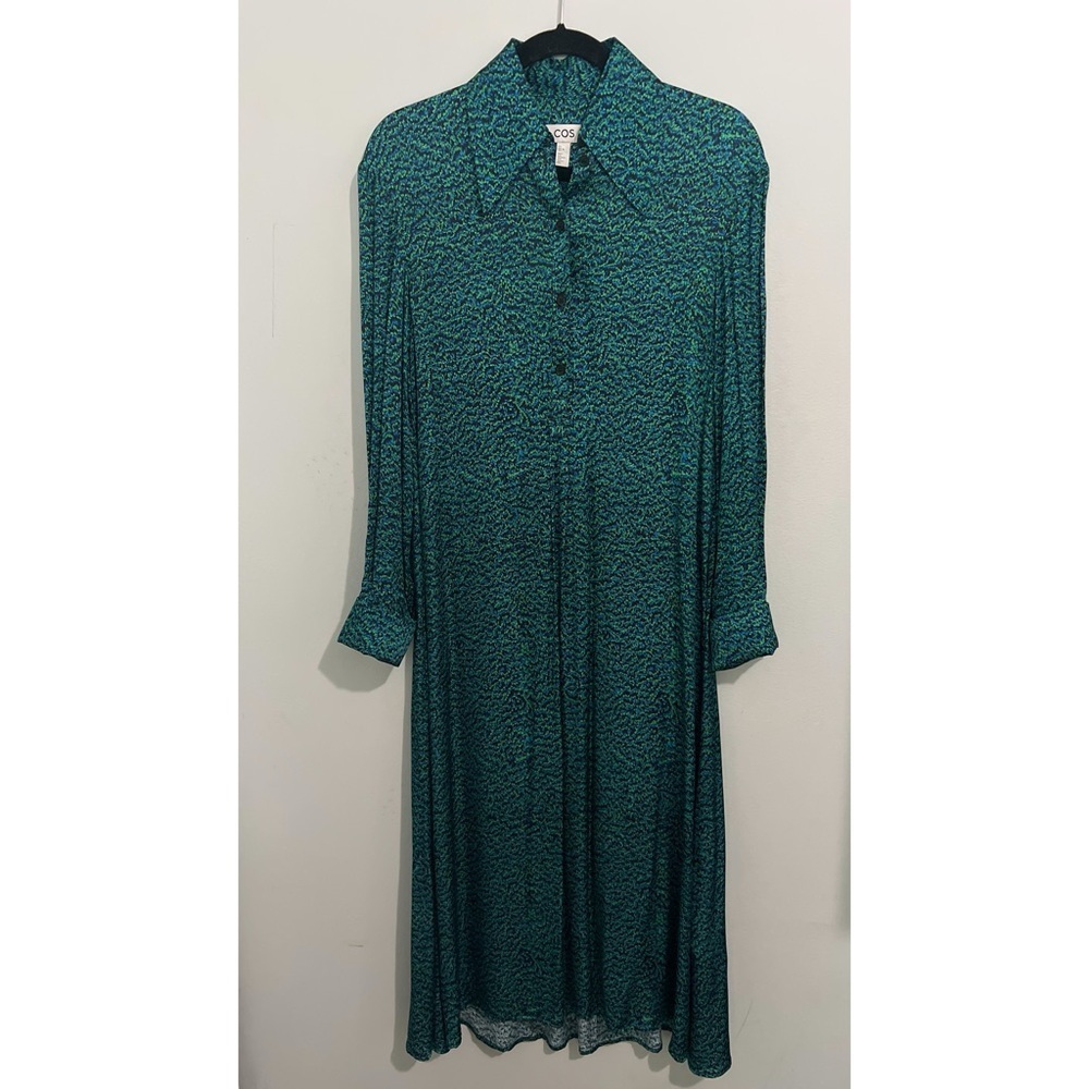 COS Shirt Dress Women’s 2 Teal Black Marble Printed Midi Rayon Long Sleeve - Picture 3 of 14